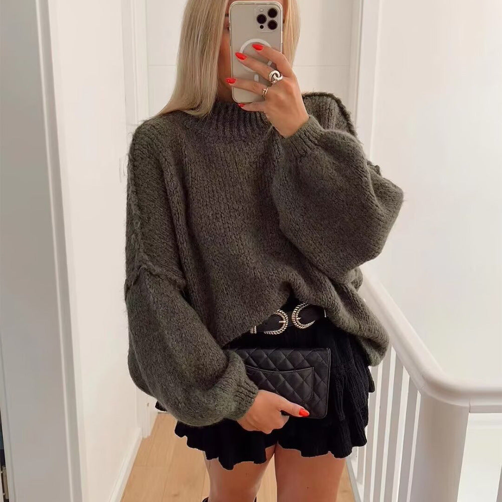 Casual All-Match Round Neck Long Sleeve Knitted Sweater for Women