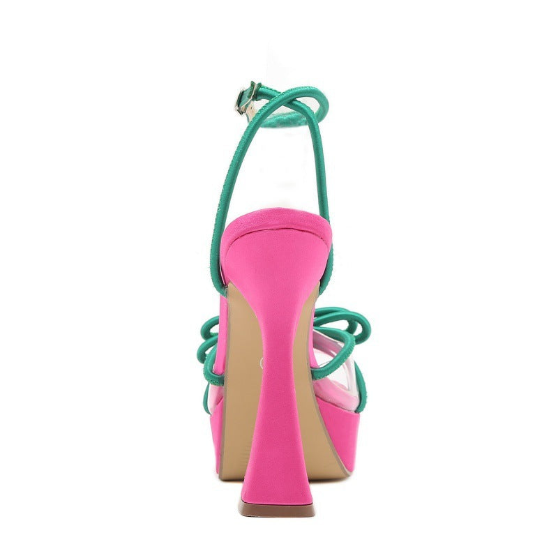 Bright Color-Block Chunky High Heels with Bow and Buckle Detail