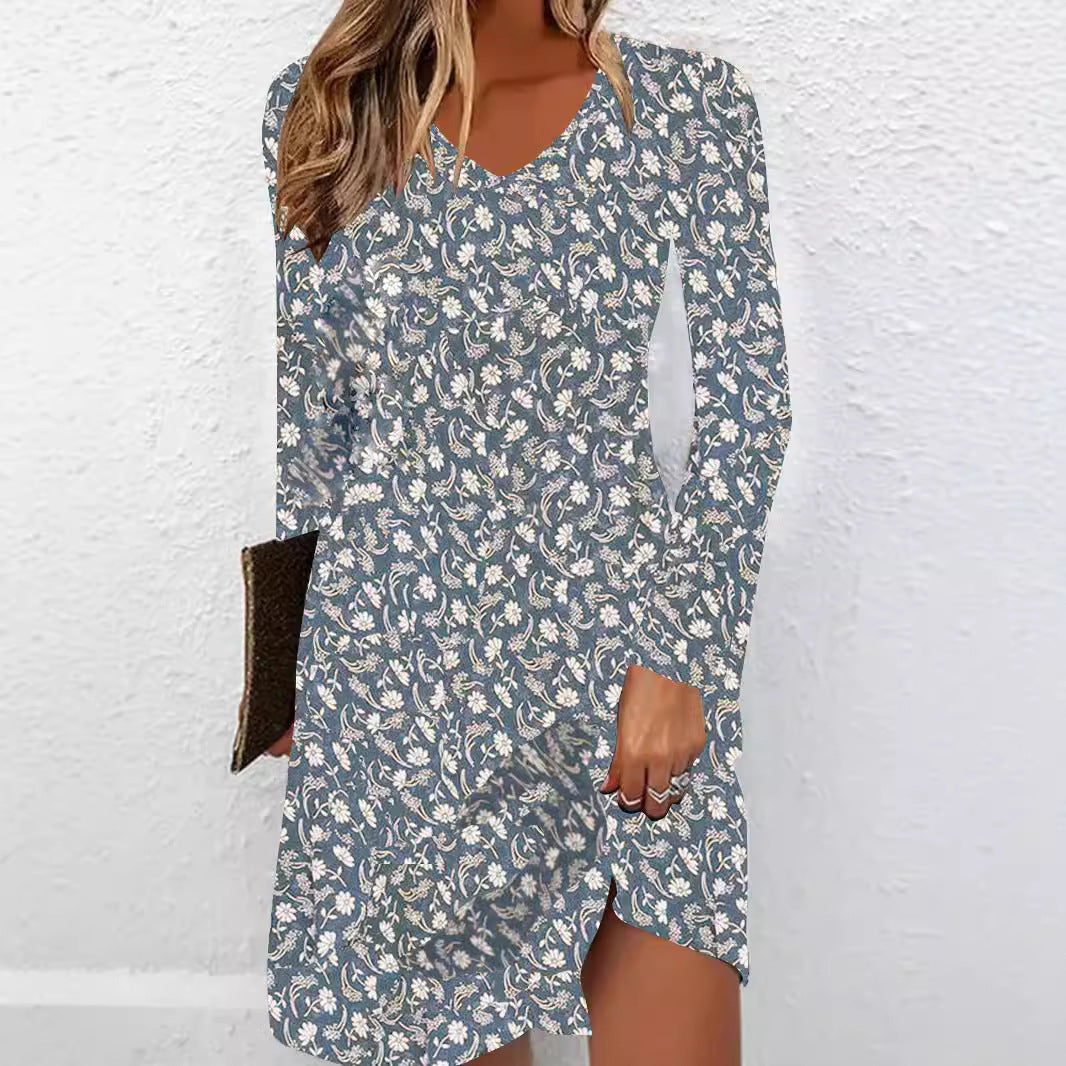 European and American Long-Sleeve Dress with Digital Print Design