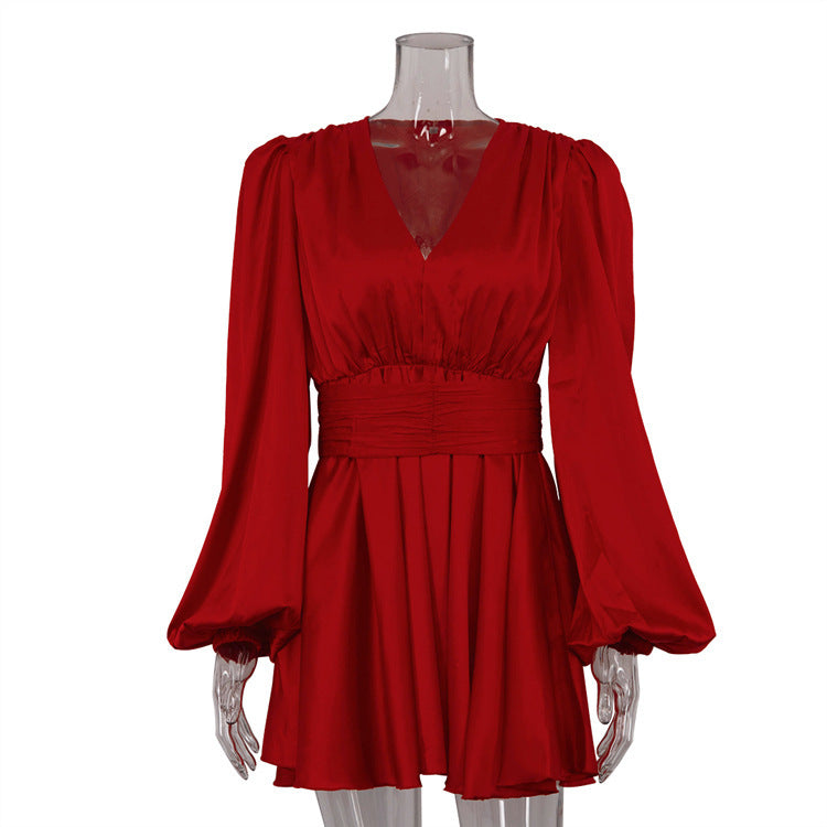 Puff Sleeve V-Neck Dress with Waist Seal and Pleated Detail