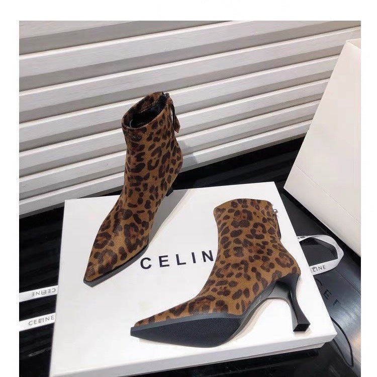 Leopard Print Pointed Toe Stiletto Heel Ankle Boots for Women