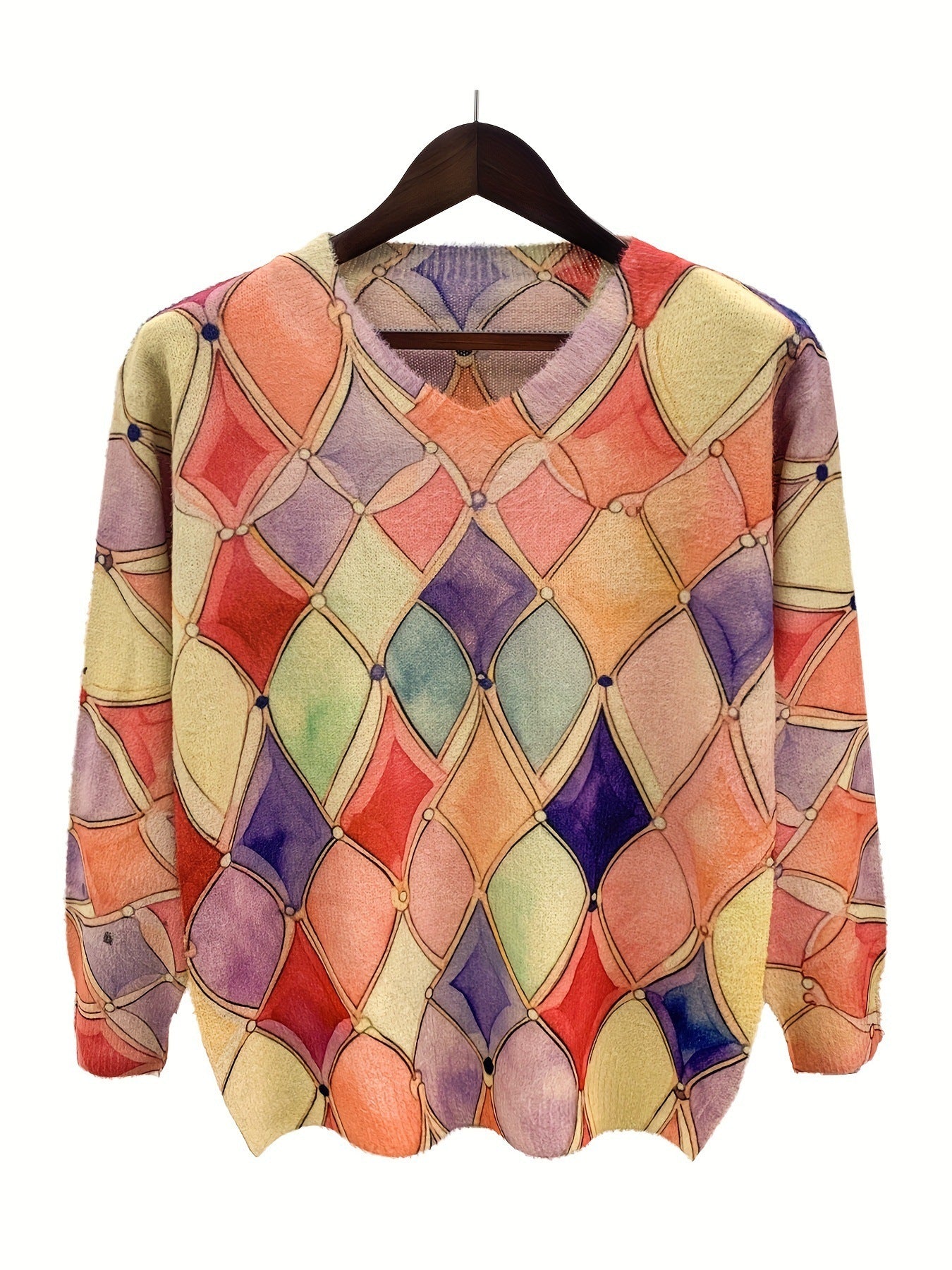 Women's V-Neck Long-Sleeve Sweater with Rhombus Print