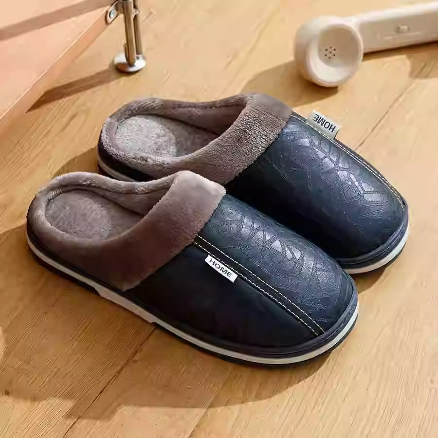 PU Leather Big Size Indoor Slippers - Waterproof, Fur-Lined Flat Shoes