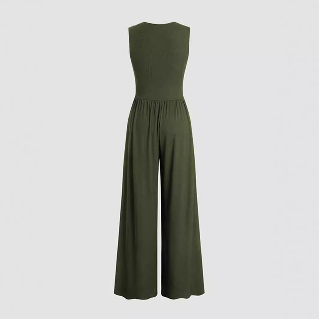 Women's Deep V-Neck Pleated Wide-Leg Jumpsuit with Stretch Body-Shaping Design