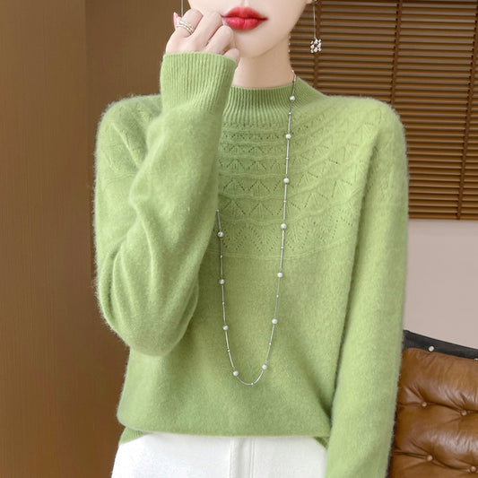 Women's Hollow-Out Half-Collar Wool Sweater – Loose-Fit Knitted Base Layer for Inner Wear