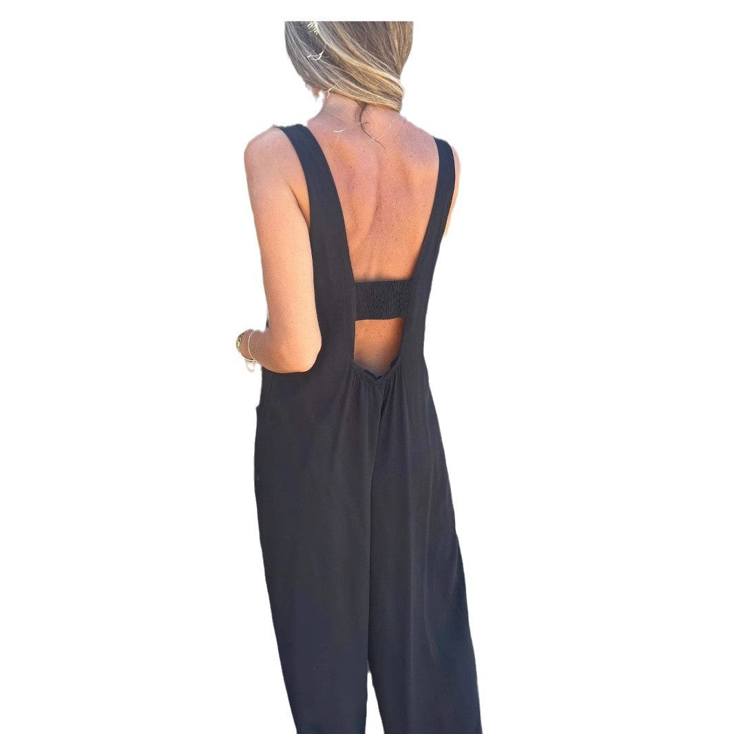 Women's Solid Color Buttons Slip Bag Strap Loose Casual Jumpsuit