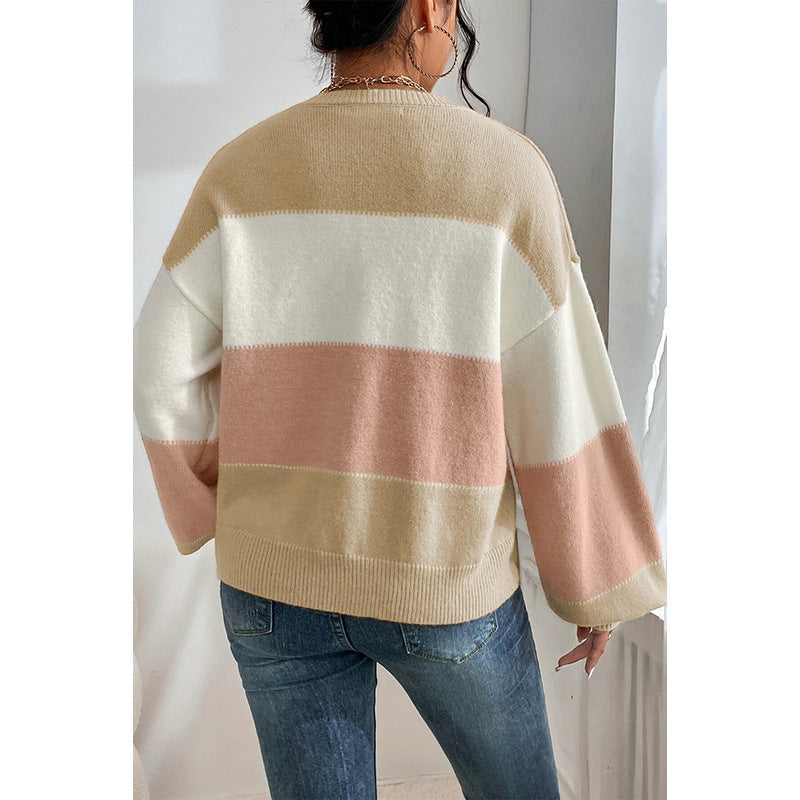 Color-Block Crew Neck Sweater – Casual Loose-Fit Lantern Sleeve Pullover for Women