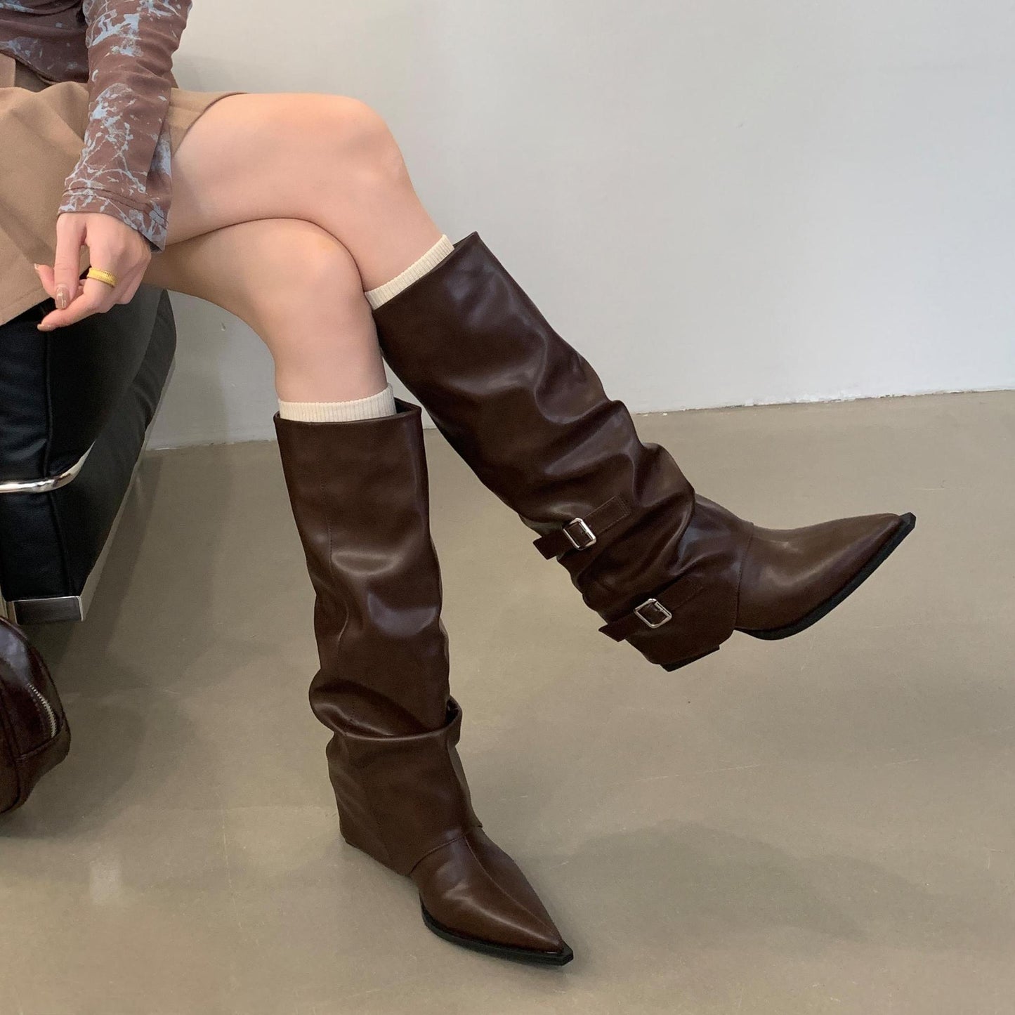 Pointed Toe Buckle Pleated Knee-high Boots – Punk Style Mid Heel Pile Boots