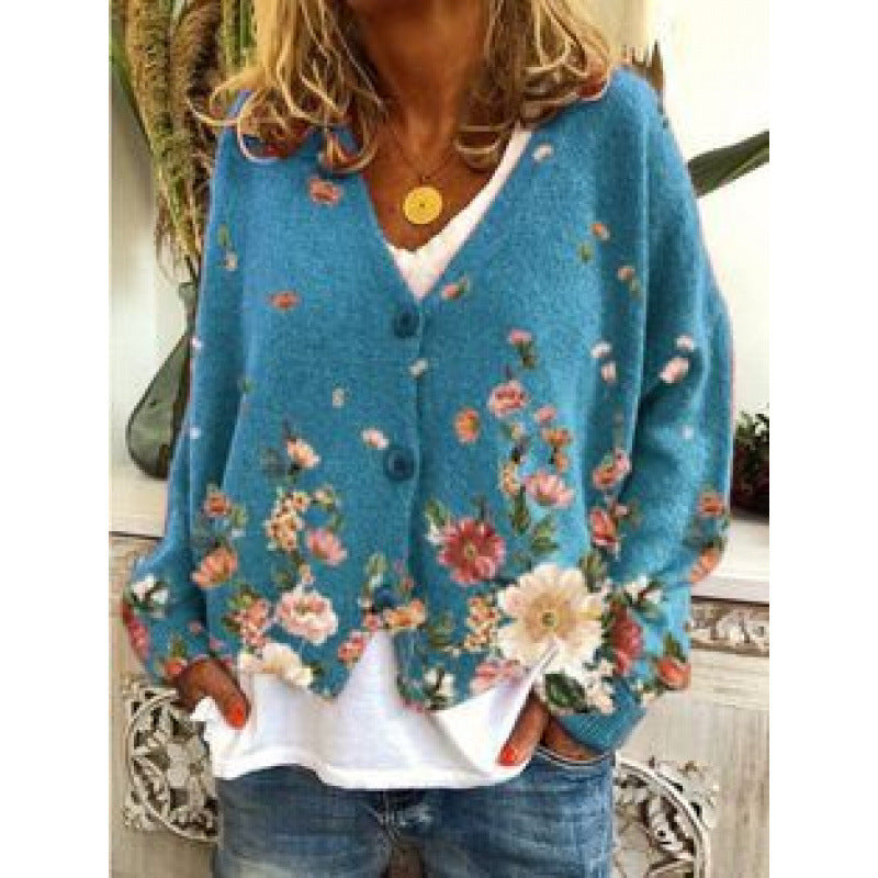 Women's Retro Floral Print Cardigan Sweater - Artistic and Colorful Design