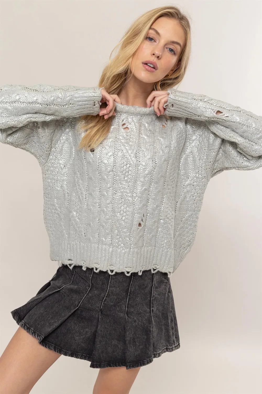 Distressed Cable-Knit Round Neck Long Sleeve Sweater for Women