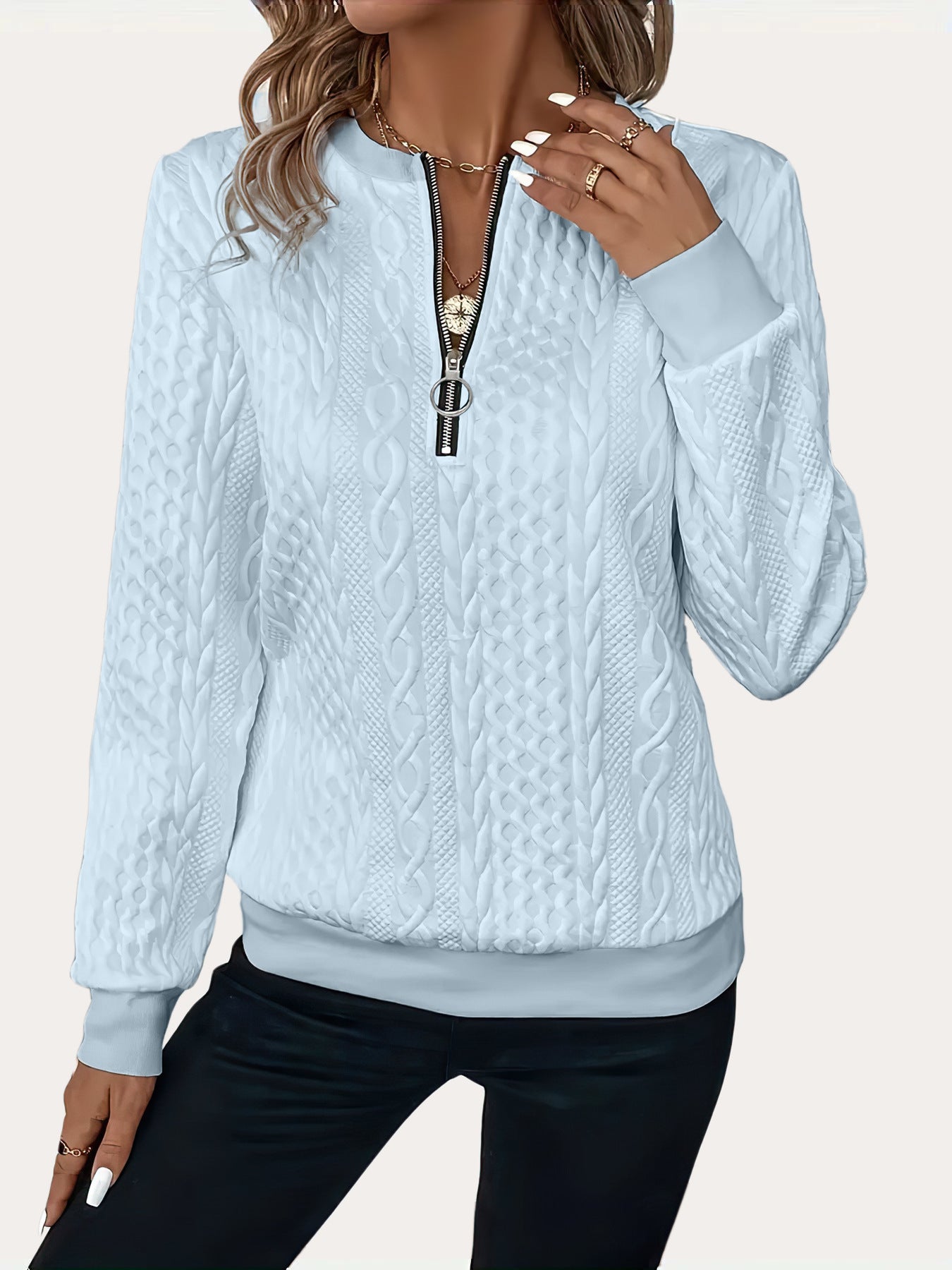 Solid Color Casual Pullover Half-Sleeve Zipper Sweater