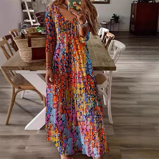 Women's Long-Sleeve Printed Dress with a Flowy Big Hem Design