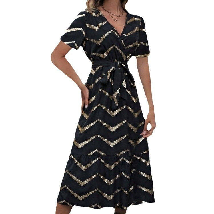 Striped Print Elegant Short Sleeve Dress with Belt