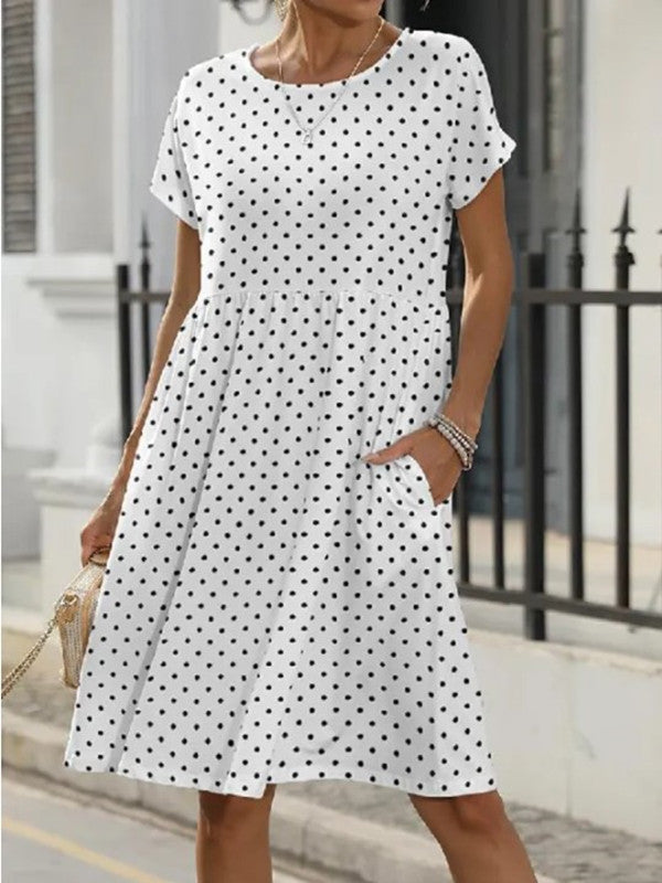 Summer Short Sleeve Round Neck Pocket Polka Dot Print Dress