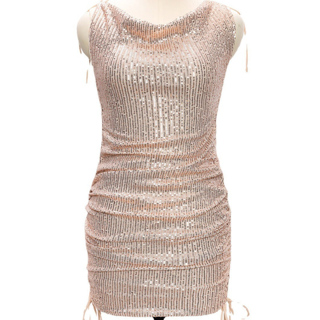 European and American V-Neck Sequin Suspender Dress