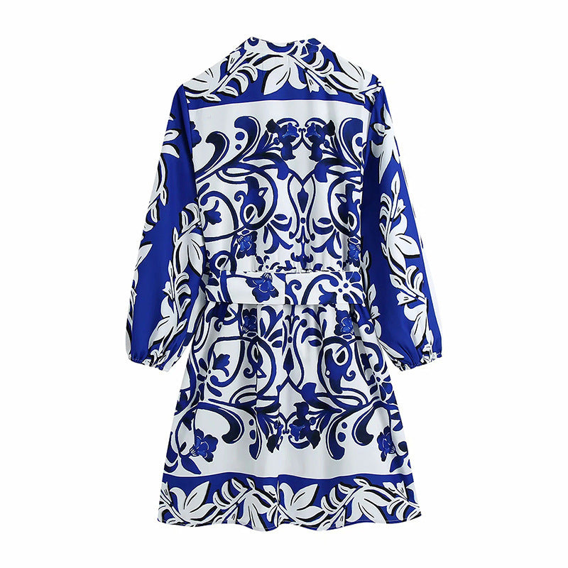 Women's Shirt-style Belt Skirt Blue And White Porcelain Lapel Waist Drape Long-sleeved Dress