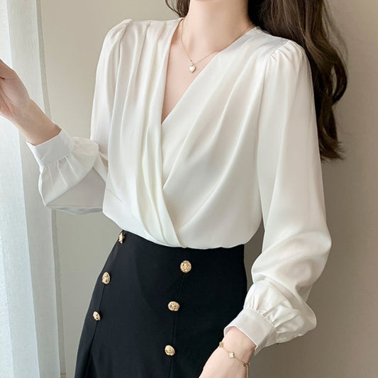 Women's V-Neck Satin Long-Sleeve Professional Blouse – Elegant Bottoming Shirt