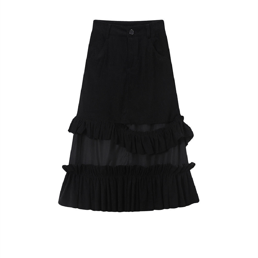 Corduroy A-Line Mid-Length Tiered Cake Skirt