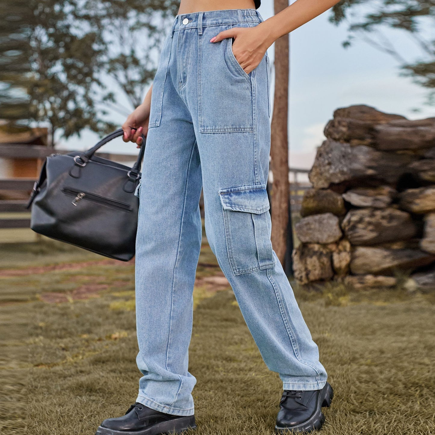 Retro Washed Jeans with Half Elastic Waist for Women