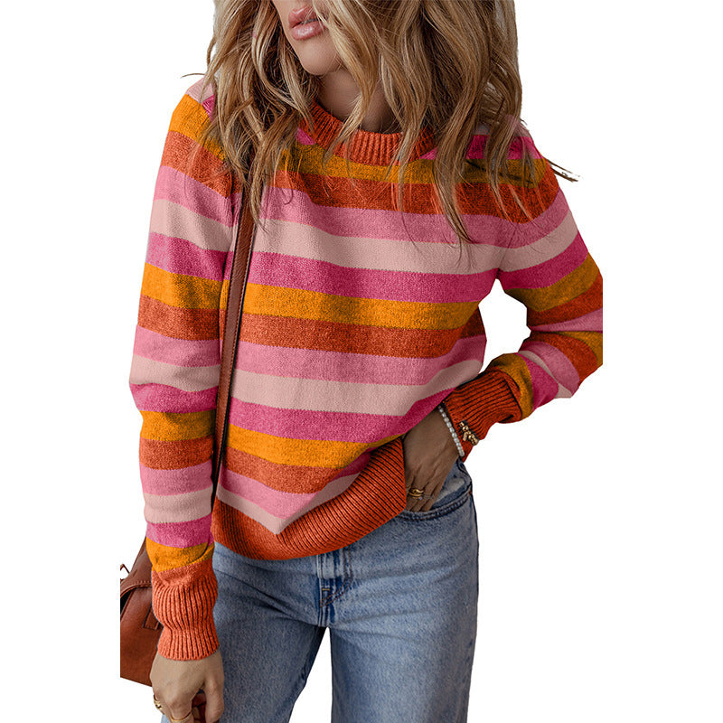 Pullover Round Neck Long Sleeve Women's Casual Color-Block Printed Sweater