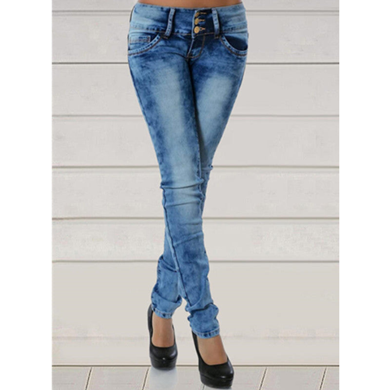 Women's Simple Stretch Slim-fit Blue Washed Jeans
