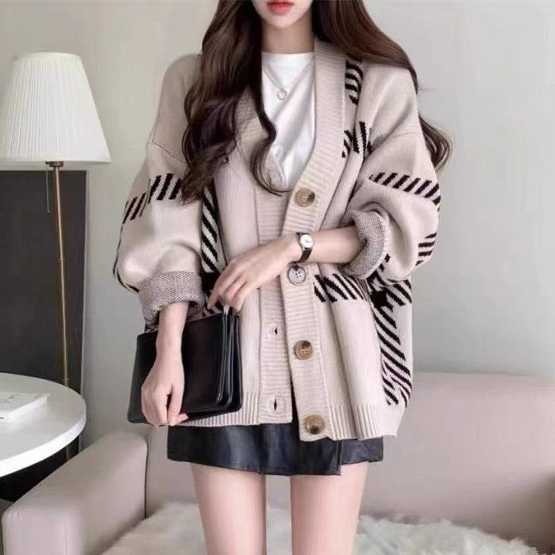 Women's Black Striped Knitted Cardigan Sweater