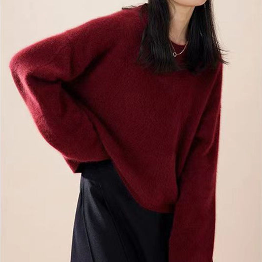 Red Pullover Women's Fall and Winter Mid-Length Comfortable Retro Slit Knit Sweater