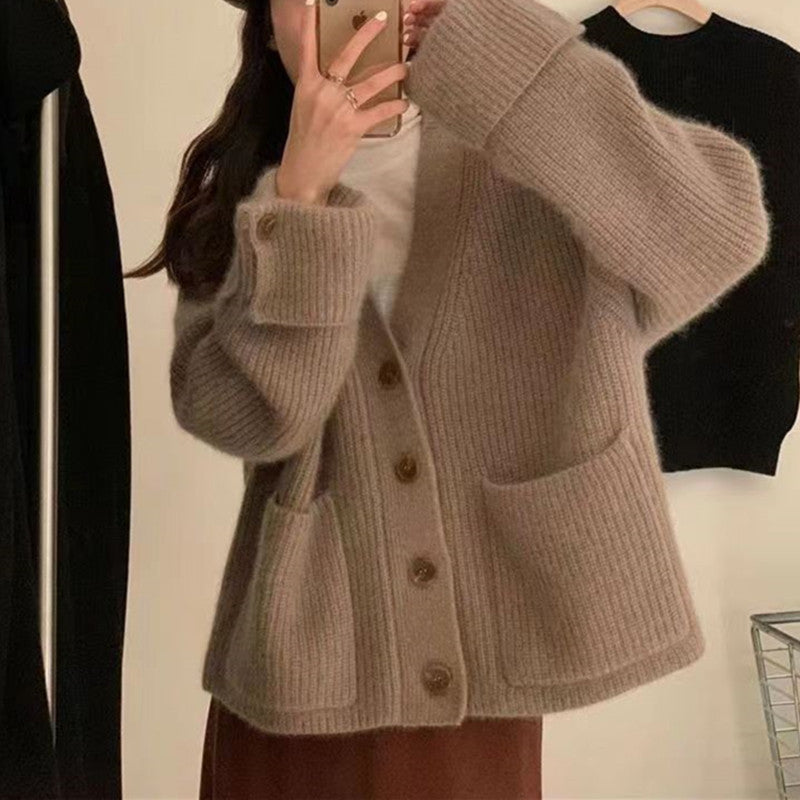 V-Neck Soft Knit Single-Breasted Loose Sweater Coat