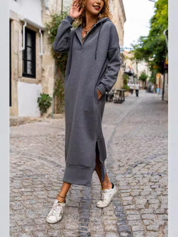 Oversized Loose Knit Hooded Dress, Fleece-Lined Casual Fashion