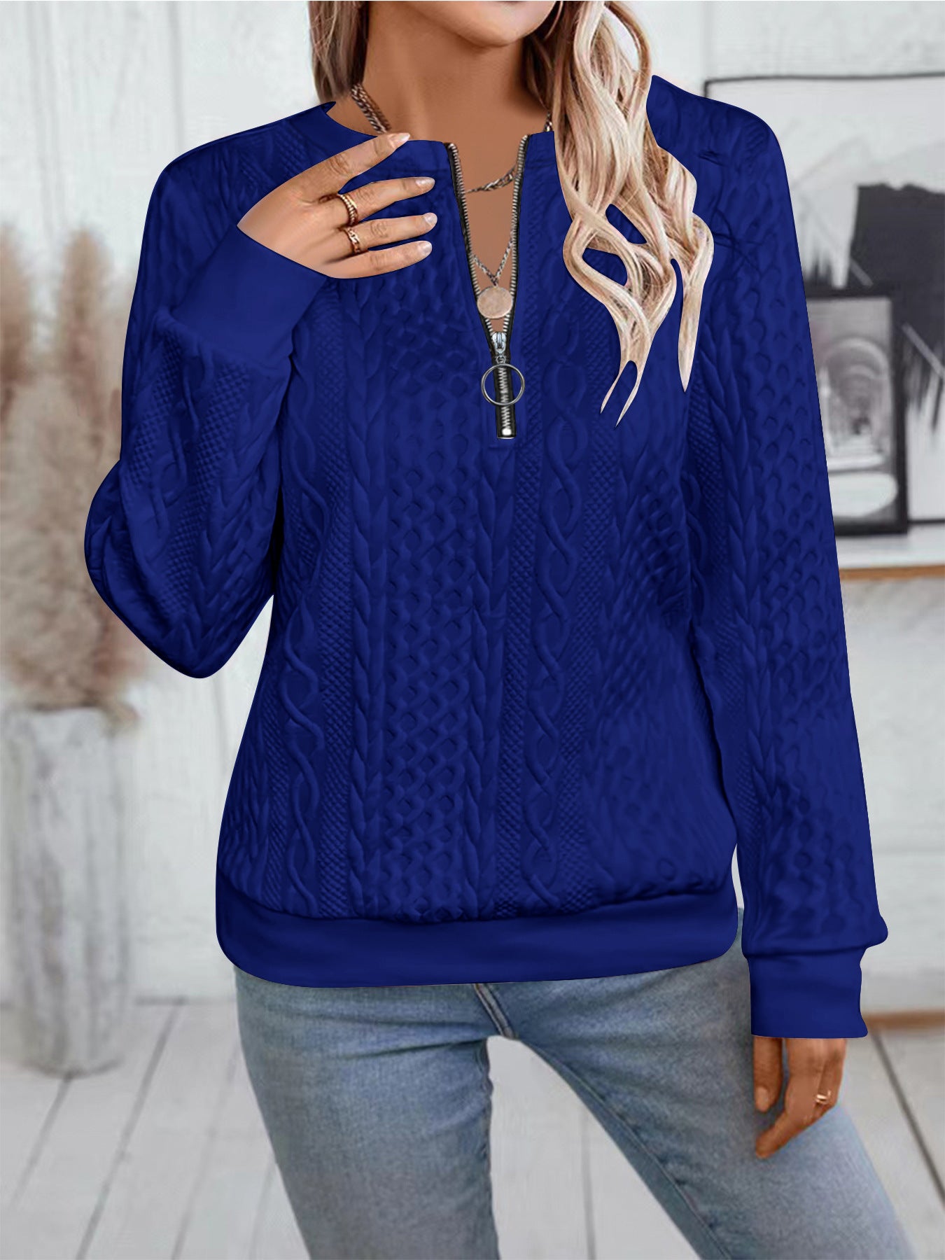 Women's Casual Long-Sleeve Zipper Sweater with Stylish Neckline