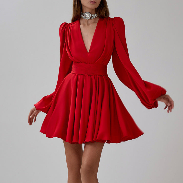 Puff Sleeve V-Neck Dress with Waist Seal and Pleated Detail