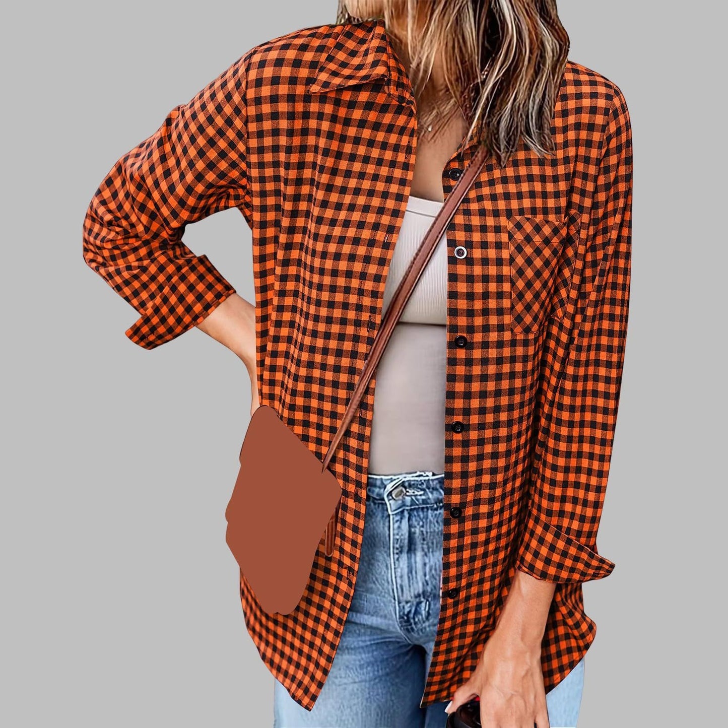 Loose-Fit Women's Long Sleeve Plaid Shirt