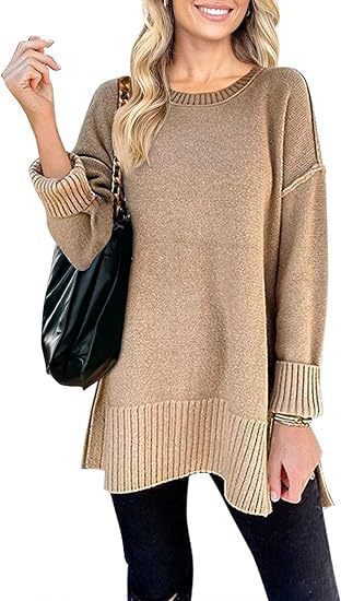 Women's Round Neck Sweater with Side Slits – Pullover Style