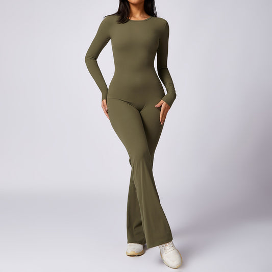 Women's Flared Long-Sleeve Yoga Jumpsuit, Slim-Fit Quick-Drying Sportswear