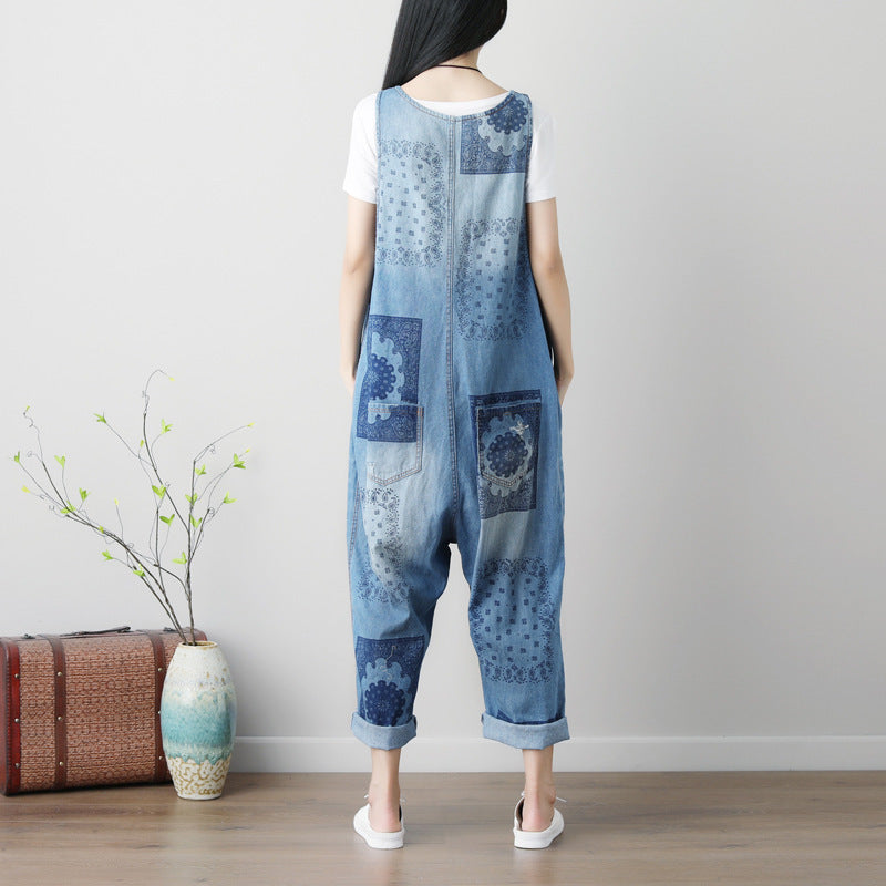 Sleeveless Plus Size Washed Printed Ripped Denim Overalls