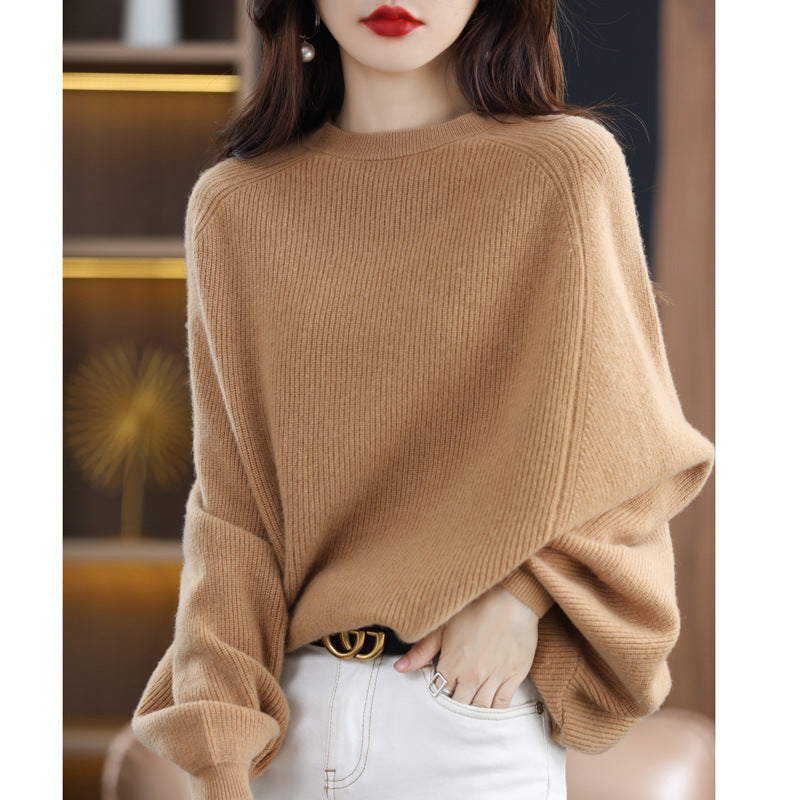 Women's Solid Color Wool Sweater – All-Match Round Neck Raglan Shawl Pullover