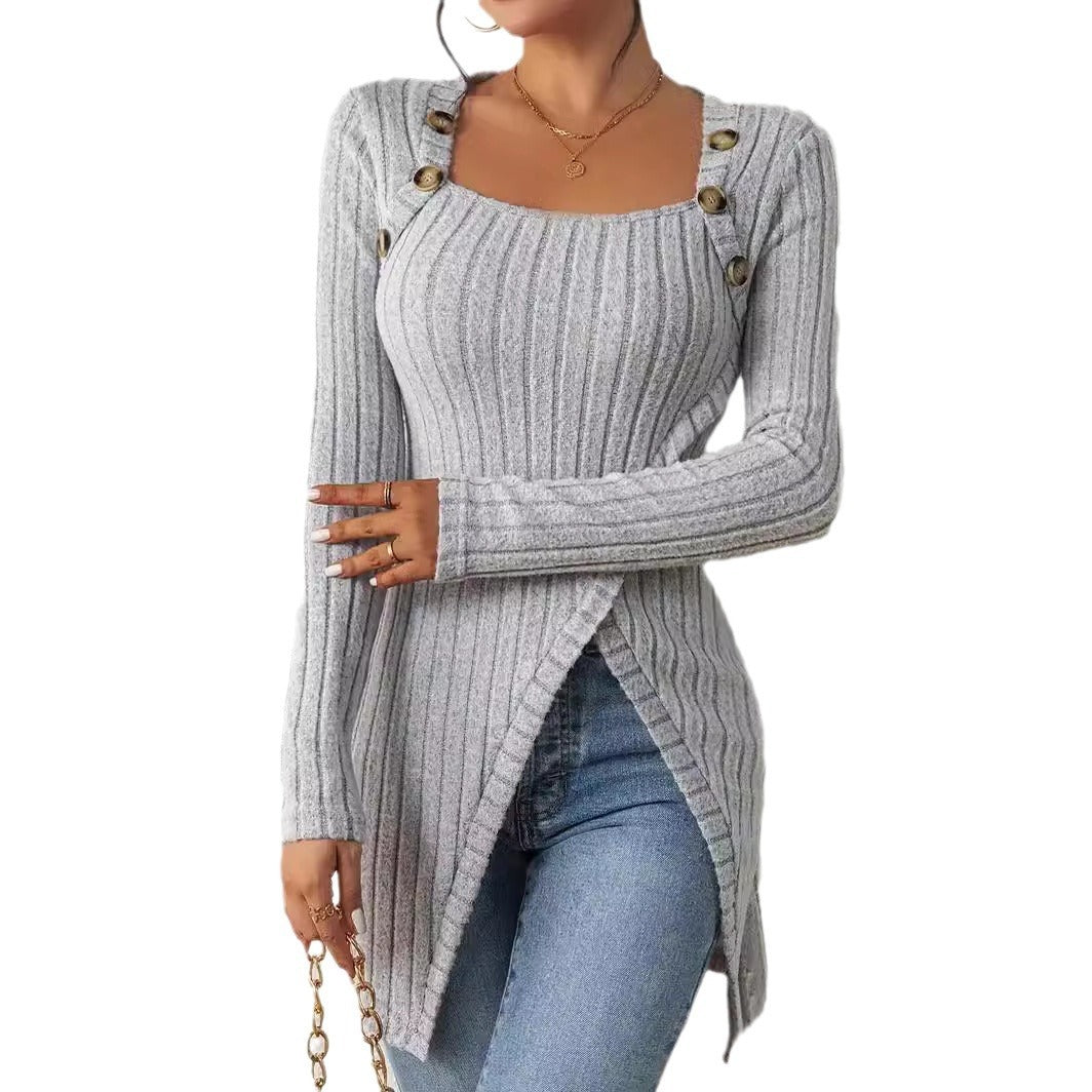 Knitted Irregular T-Shirt Top with Square Collar