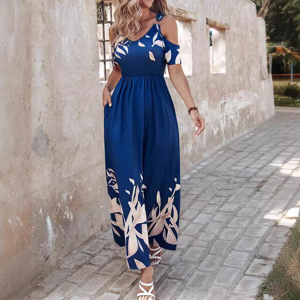 Fashionable Shoulder-Baring Printed Long Dress with Waist Control