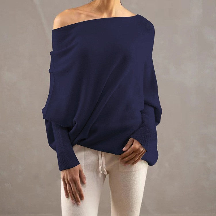 Solid Color Off-Shoulder Pullover Knitted Loose Sweater