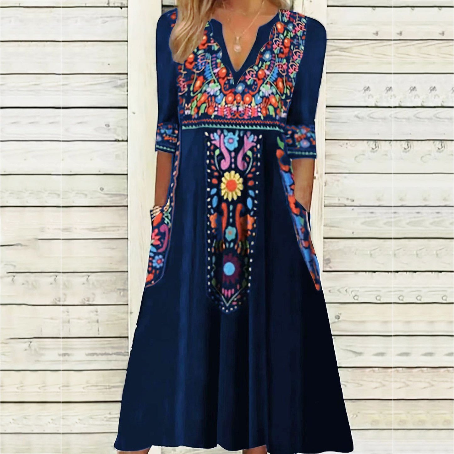 Women's Bohemian Printed Dress with 3/4 Sleeves and Pockets