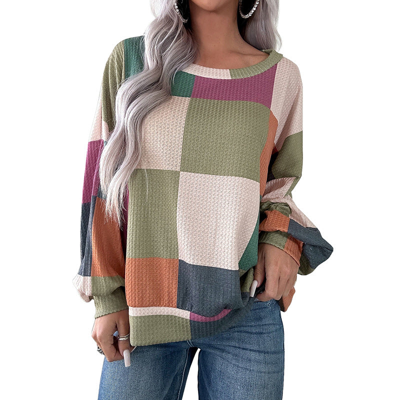 Women's Casual Versatile Color-blocked Round Neck Sweatshirt