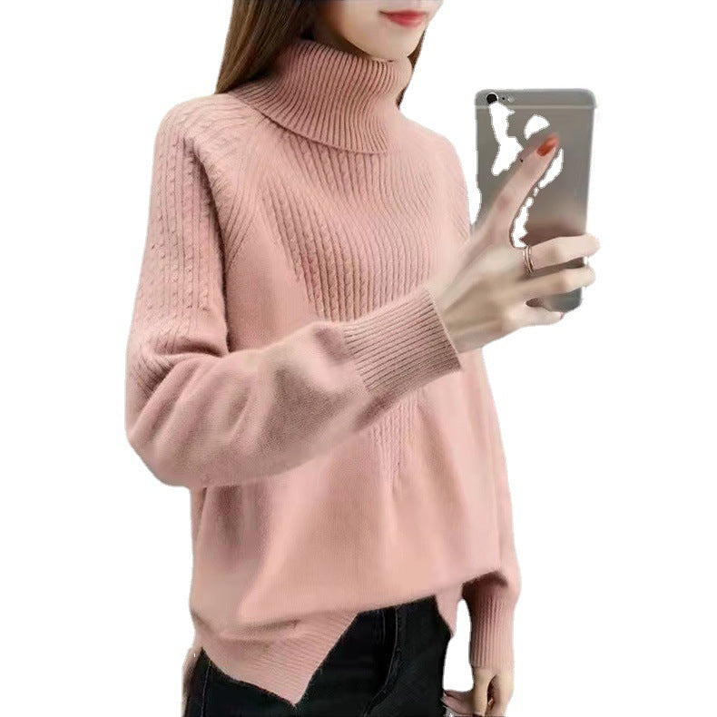 Women's Loose Fit Solid Color Twist Knit High Collar Sweater