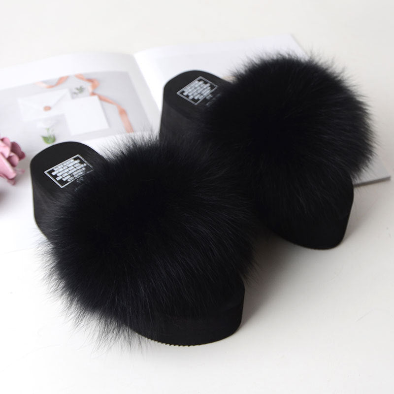 New Fox Fur Women Sandals Height Increasing Casual