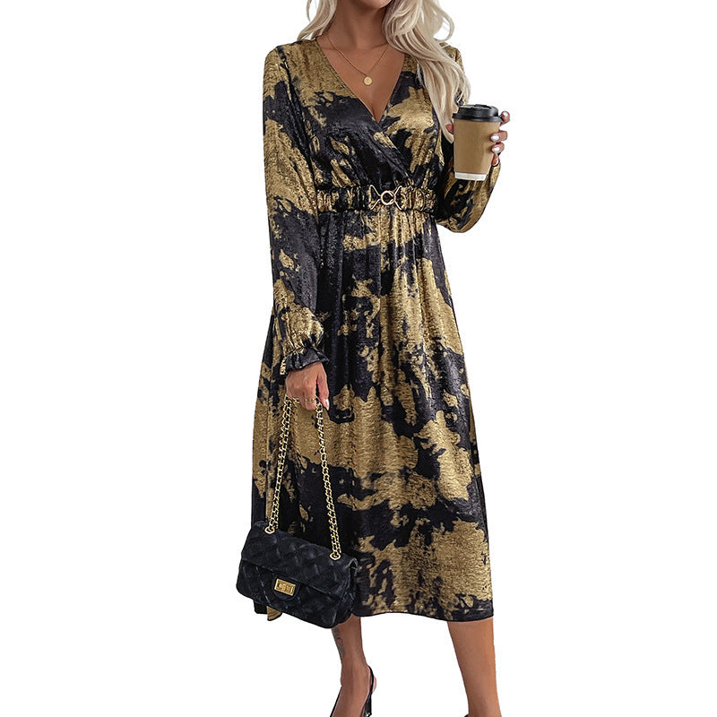 V-Neck Long Sleeve A-Hem Dress for Women with Bronzing Detail