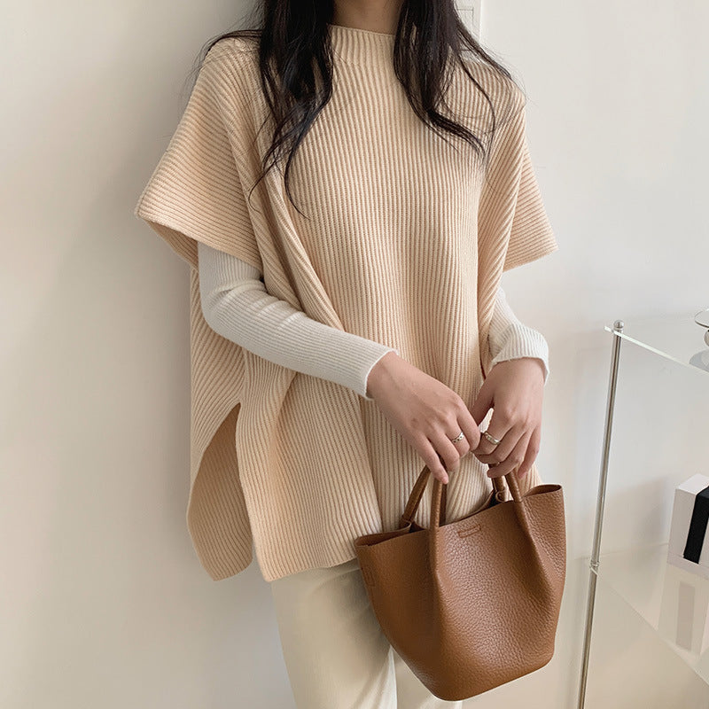 Elegant Loose-Fit Slimming Cape Cloak Sweater - Lightly Mature Style