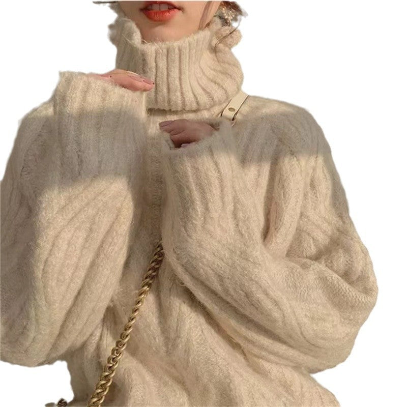 Loose-Fitting Retro Cable-Knit Turtleneck Sweater for Women