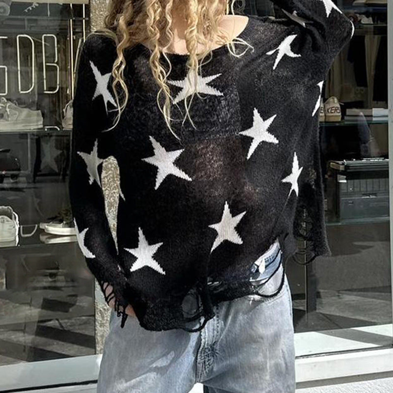 European and American Style Streetwear Hot Girl Ripped Sweater with Five-Pointed Star Design