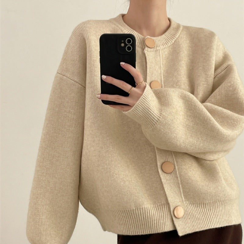 Women's Round Neck Solid Color Loose Knitted Cardigan for Autumn and Winter