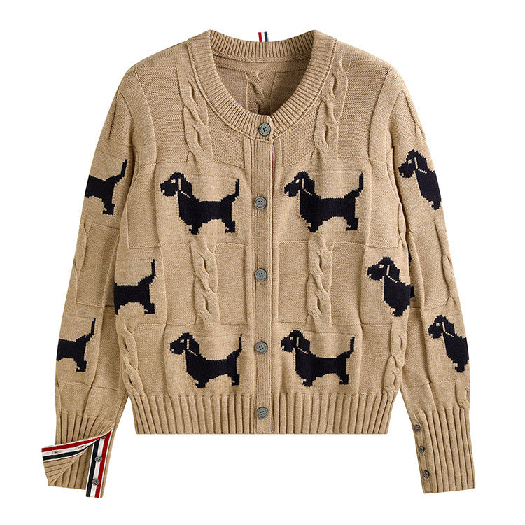 Dog Jacquard Design Twist Knit Cardigan with Round Neck