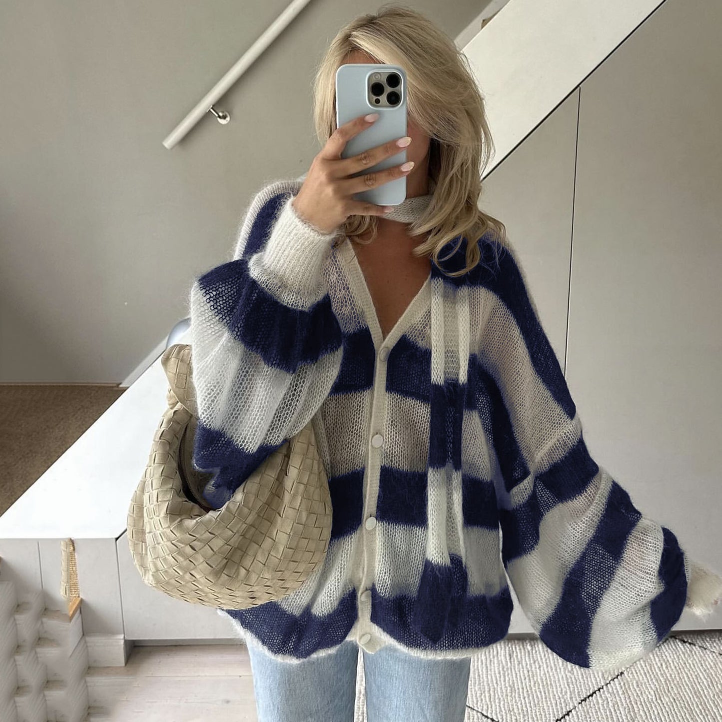 Loose and Casual Striped Sweater Cardigan with Scarf